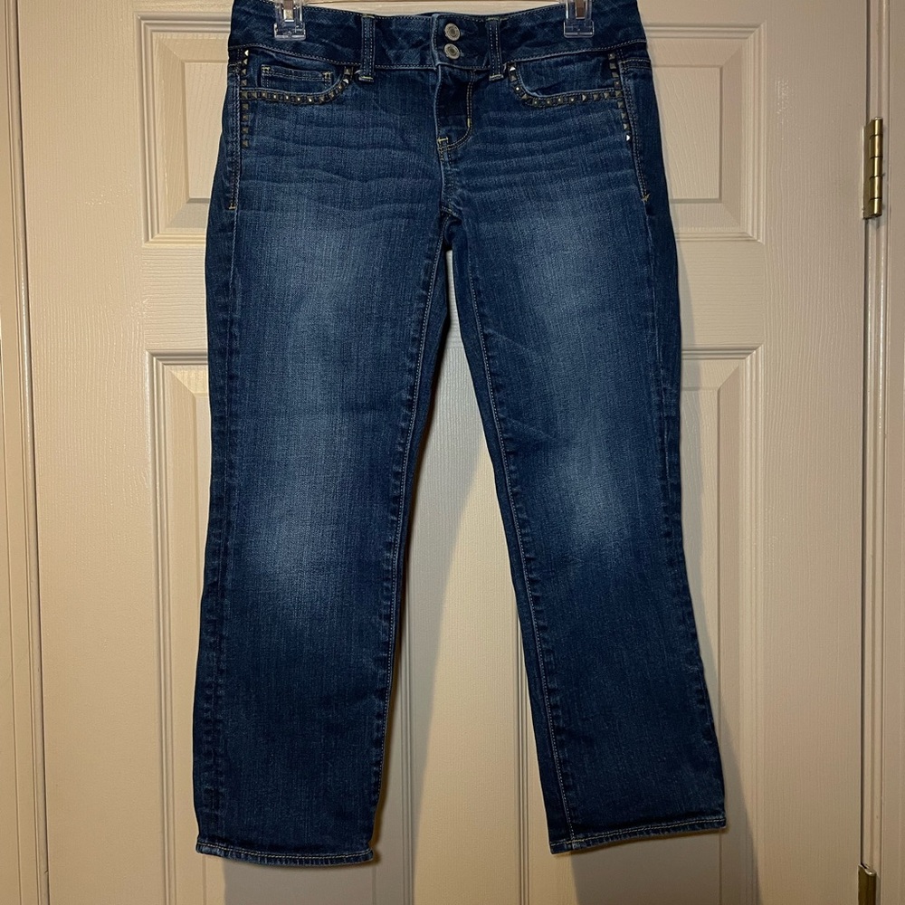 American Eagle Outfitters Stretch Artist Blue Cropped Studded Jeans, Size 4 Reg.